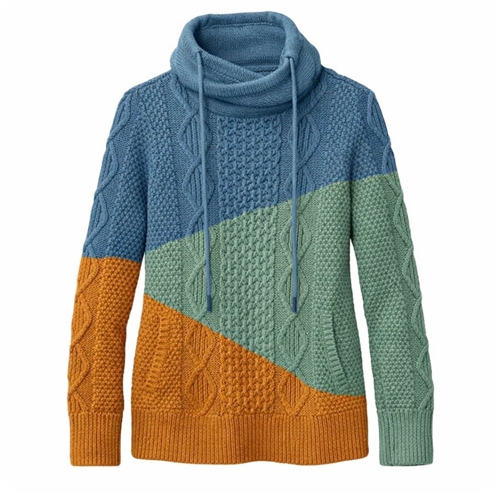 LL Bean Signature Colorblock Funnelneck Cotton Cable Sweater Size XS